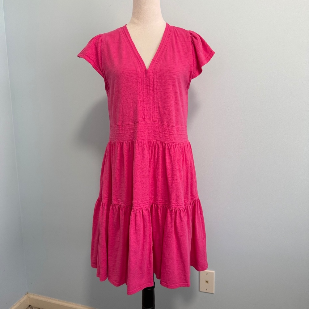 Anthropologie Dylan Short Sleeve Hot Pink Cotton Tiered Dress‎ Size S